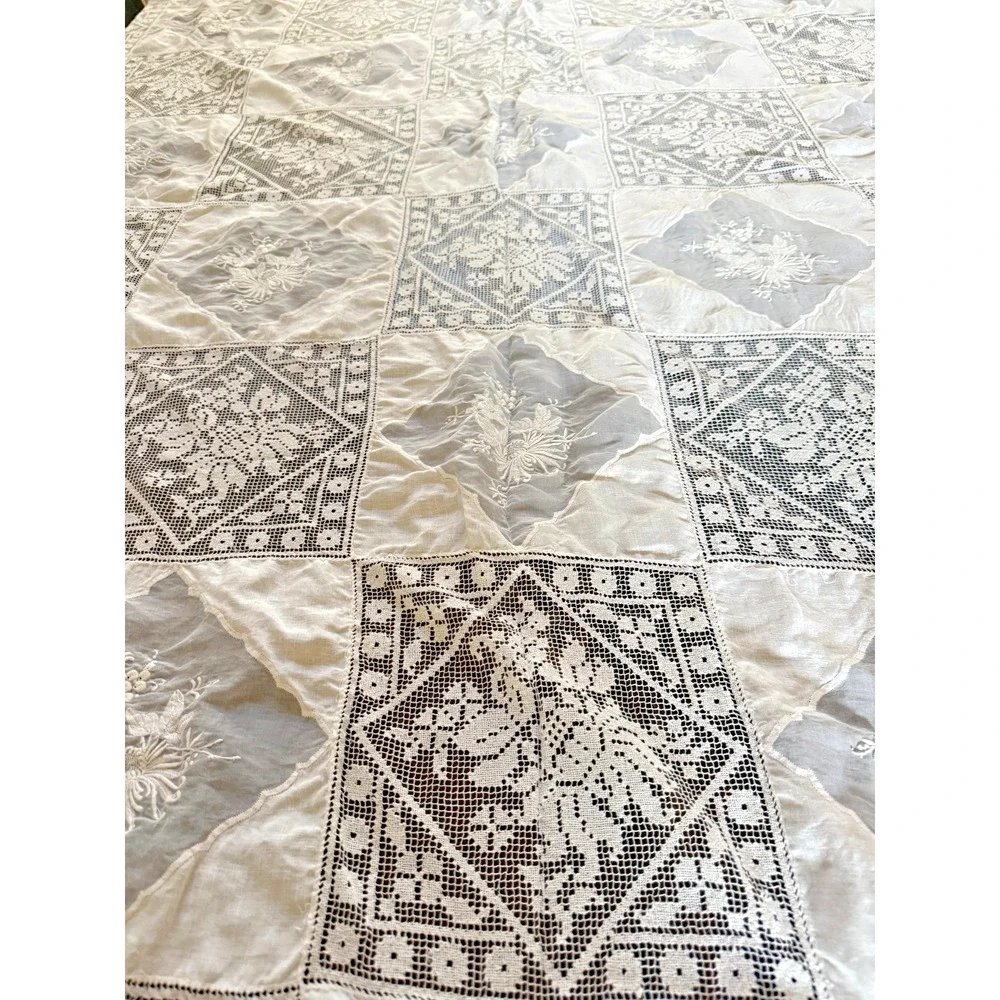 VTG Linen Filet Lace Banquet Tablecloth Floral Applique Army Navy 115
